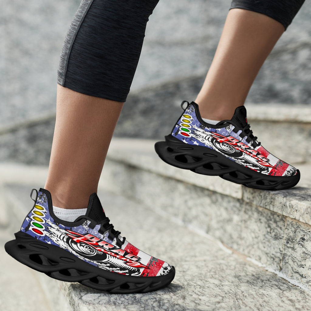 Handcrafted USA Drag Racing M-Sole sneakers featuring a patriotic-themed custom graphic with a starting line Christmas tree and a smoking tire design on breathable mesh.