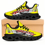 Handcrafted Yellow Drag Racing M-Sole sneakers featuring a custom graphic, a starting line Christmas tree, and a smoking tire design on breathable mesh.