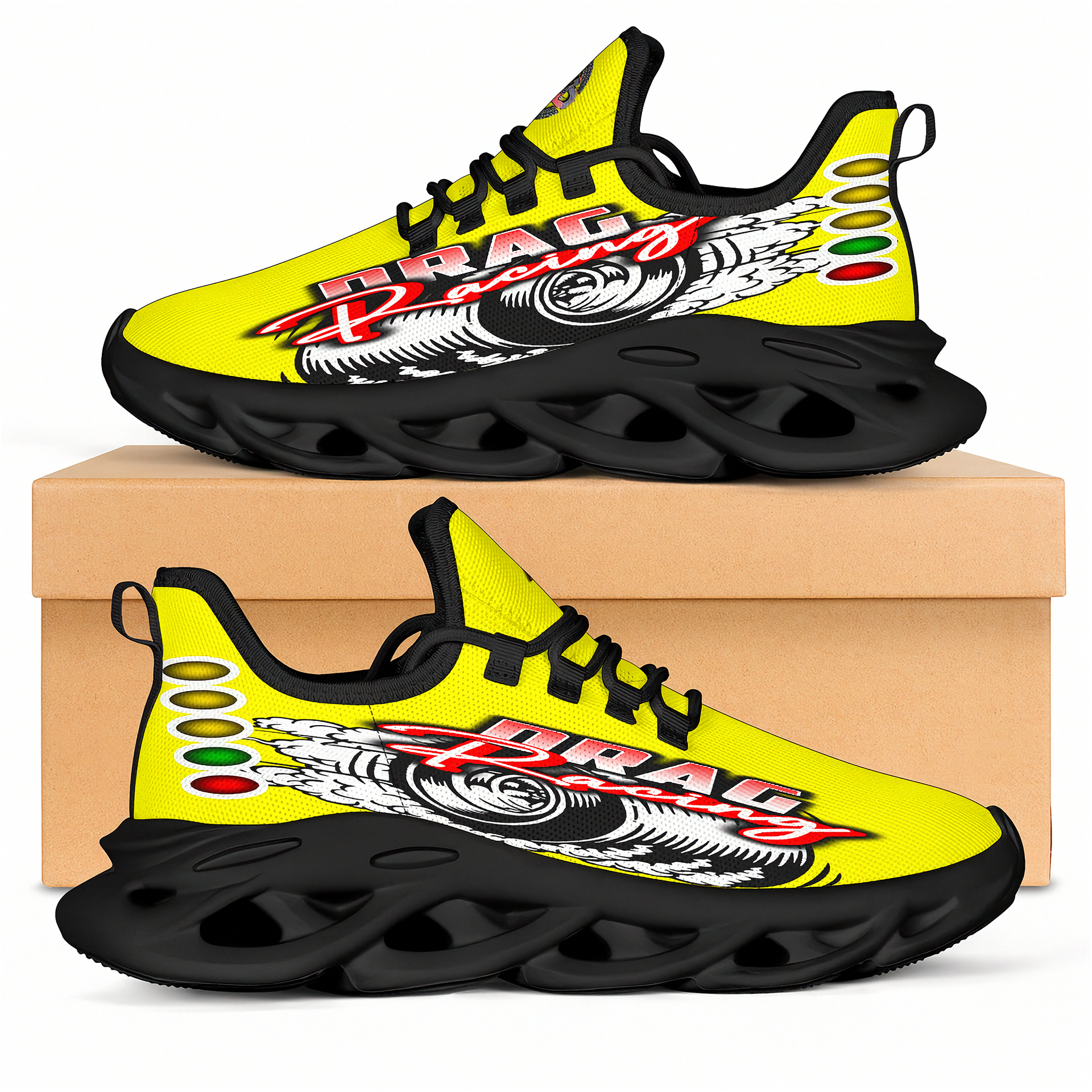 Handcrafted Yellow Drag Racing M-Sole sneakers featuring a custom graphic, a starting line Christmas tree, and a smoking tire design on breathable mesh.