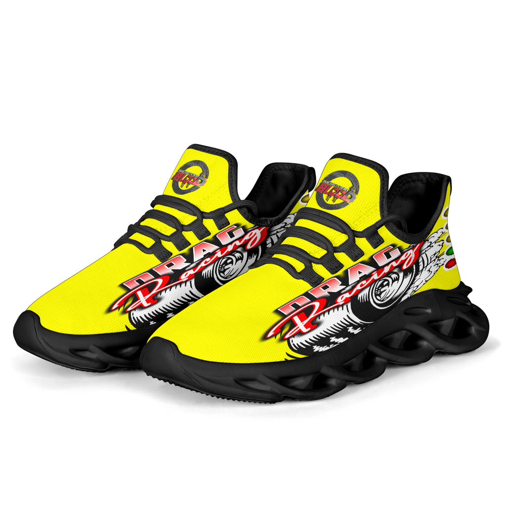 Handcrafted Yellow Drag Racing M-Sole sneakers featuring a custom graphic, a starting line Christmas tree, and a smoking tire design on breathable mesh.