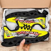 Handcrafted Yellow Drag Racing M-Sole sneakers featuring a custom graphic, a starting line Christmas tree, and a smoking tire design on breathable mesh.
