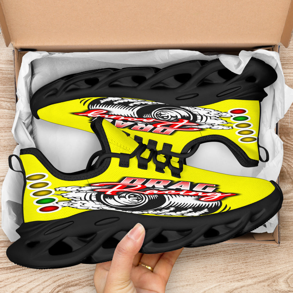 Handcrafted Yellow Drag Racing M-Sole sneakers featuring a custom graphic, a starting line Christmas tree, and a smoking tire design on breathable mesh.