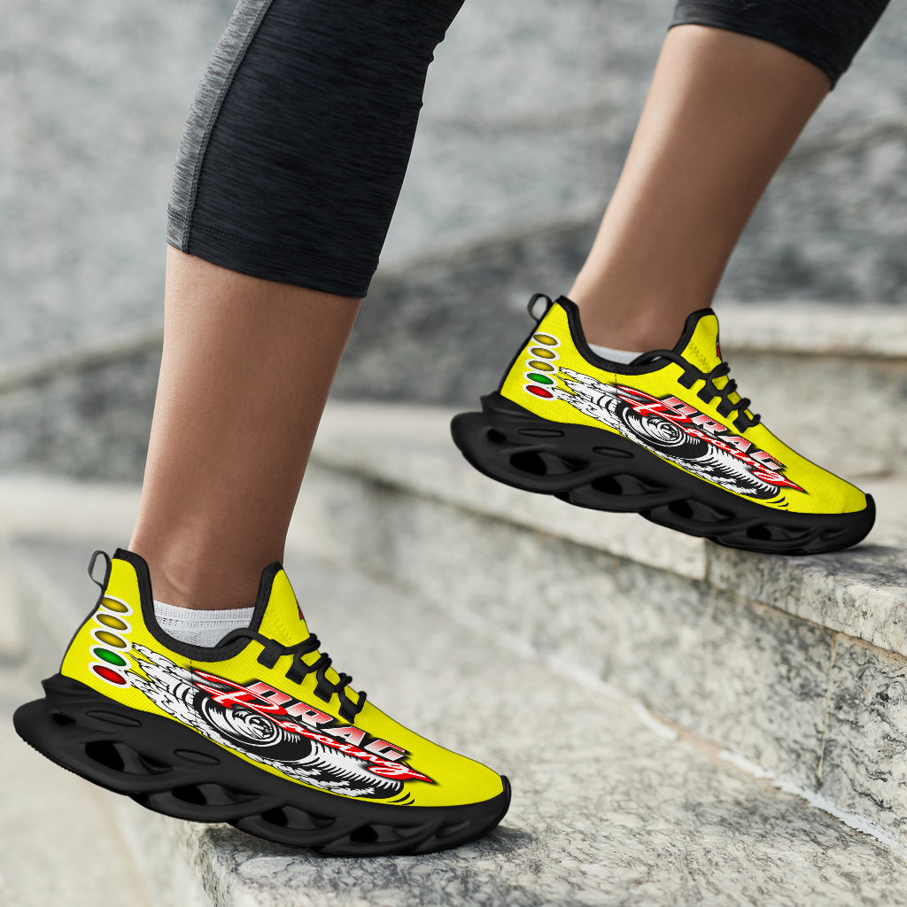 Handcrafted Yellow Drag Racing M-Sole sneakers featuring a custom graphic, a starting line Christmas tree, and a smoking tire design on breathable mesh.