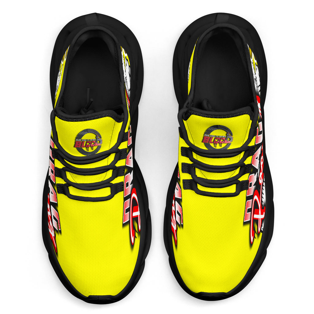 Handcrafted Yellow Drag Racing M-Sole sneakers featuring a custom graphic, a starting line Christmas tree, and a smoking tire design on breathable mesh.