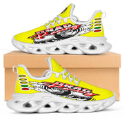 Handcrafted Yellow Drag Racing M-Sole sneakers featuring a custom graphic, a starting line Christmas tree, and a smoking tire design on breathable mesh.