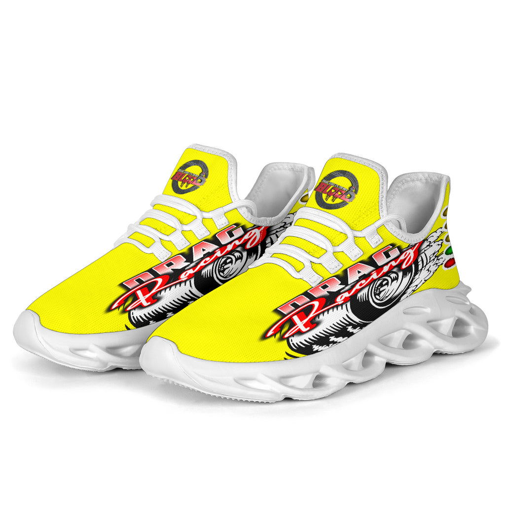 Handcrafted Yellow Drag Racing M-Sole sneakers featuring a custom graphic, a starting line Christmas tree, and a smoking tire design on breathable mesh.