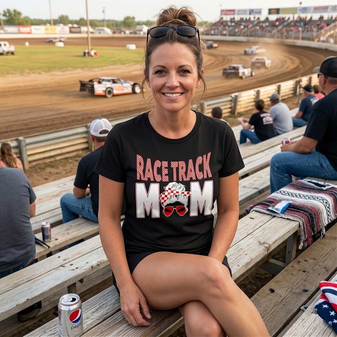 High-performance apparel mockup featuring a woman sitting on the grandstand bleachers at a dirt racing arena, wearing a premium black t-shirt with a sharp white and red "Race Track Mom" graphic showing a late model dirt car.