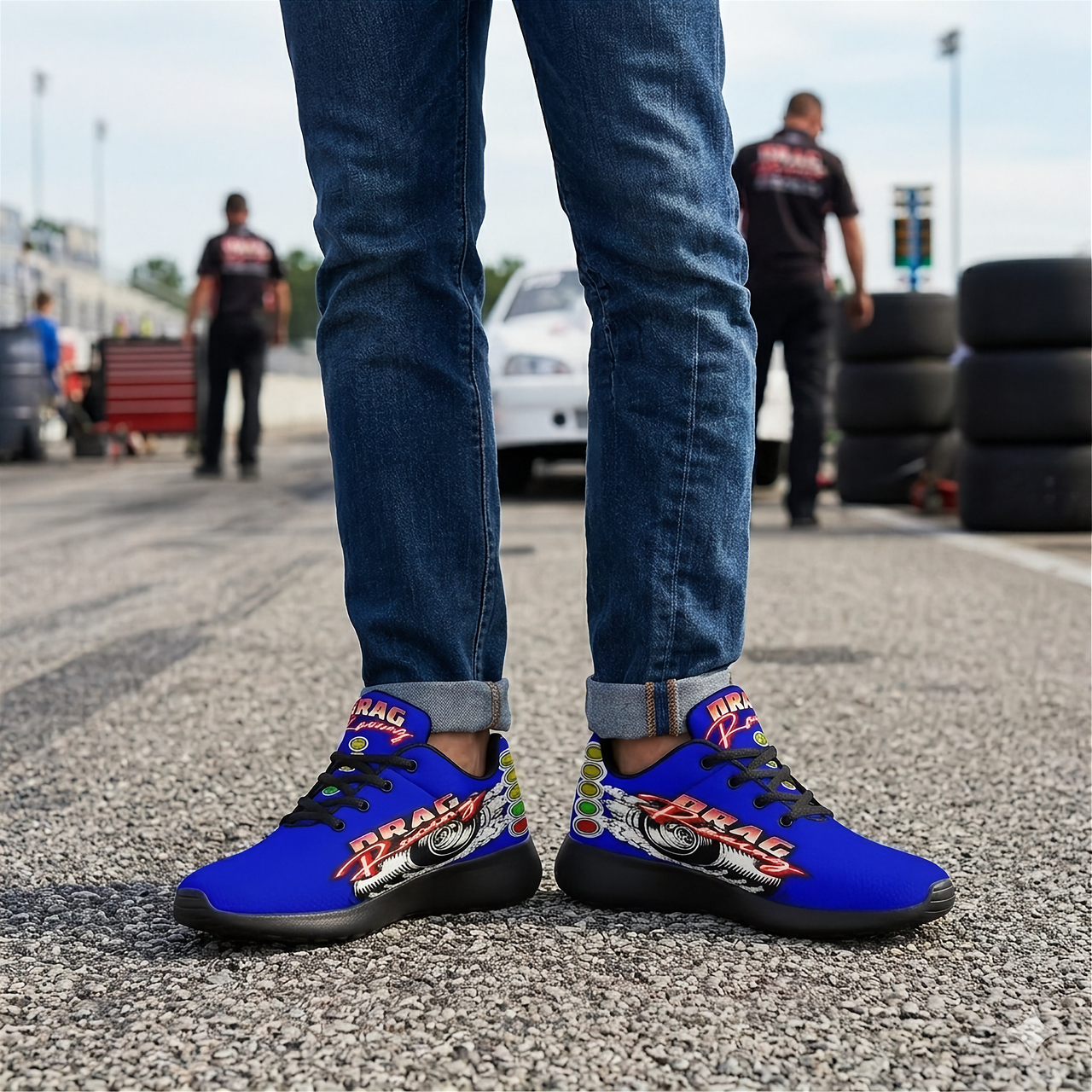 High-performance blue drag racing sneakers featuring breathable mesh and memory foam insoles.