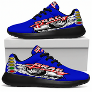 A pair of blue and black athletic sneakers with a 'DRAG Racing' graphic, displayed on a white box against a white background.