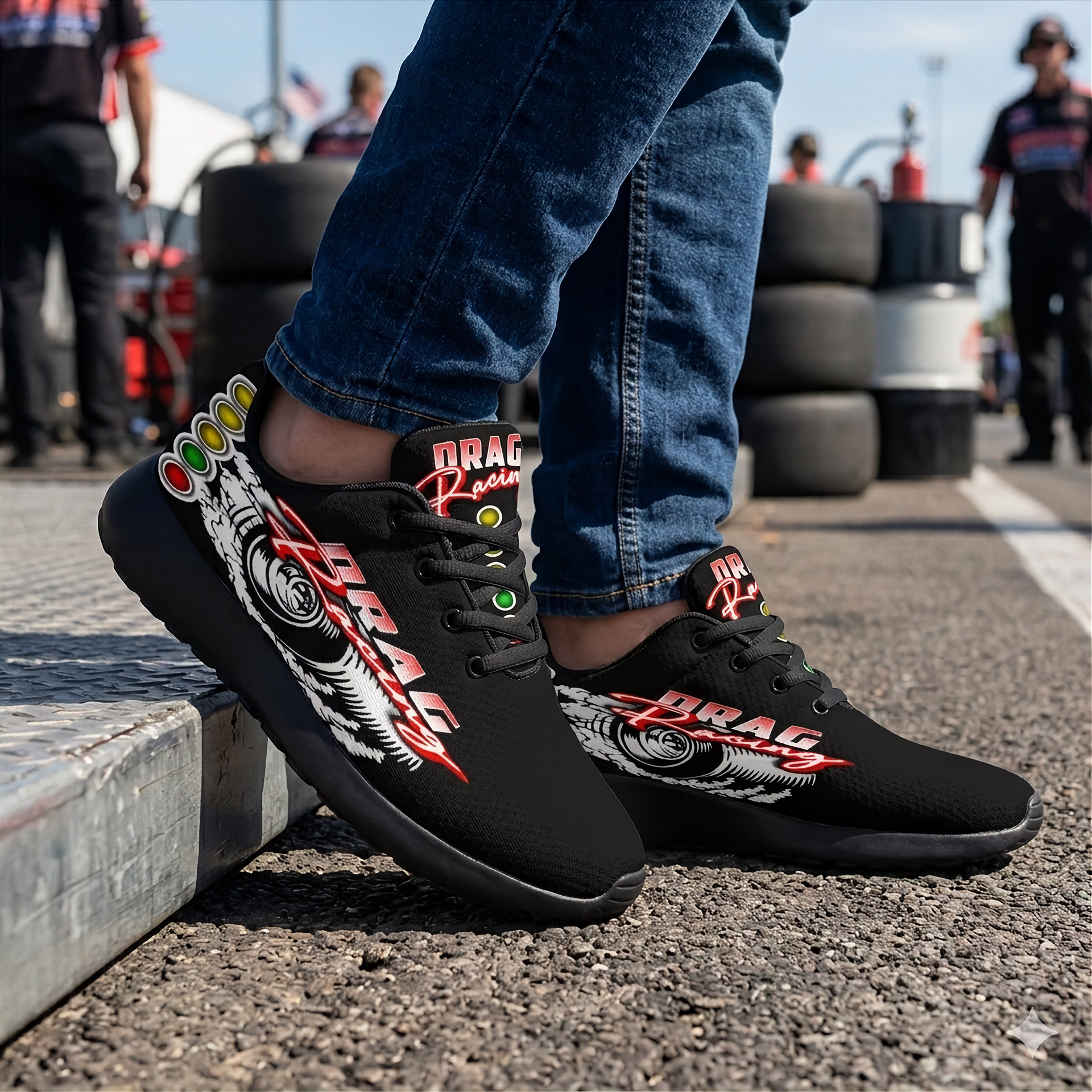 High-performance drag racing sneakers featuring breathable mesh, memory foam insoles, and high-traction outsoles designed for racers and pit crews.