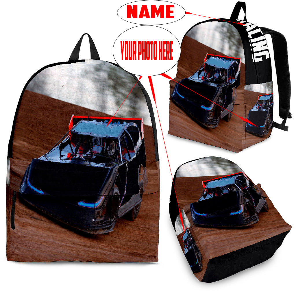 High-performance school and track backpack featuring a vibrant custom black and blue dirt late model racing car graphic, engineered with adjustable ergonomic shoulder straps and a breathable padded mesh back panel.
