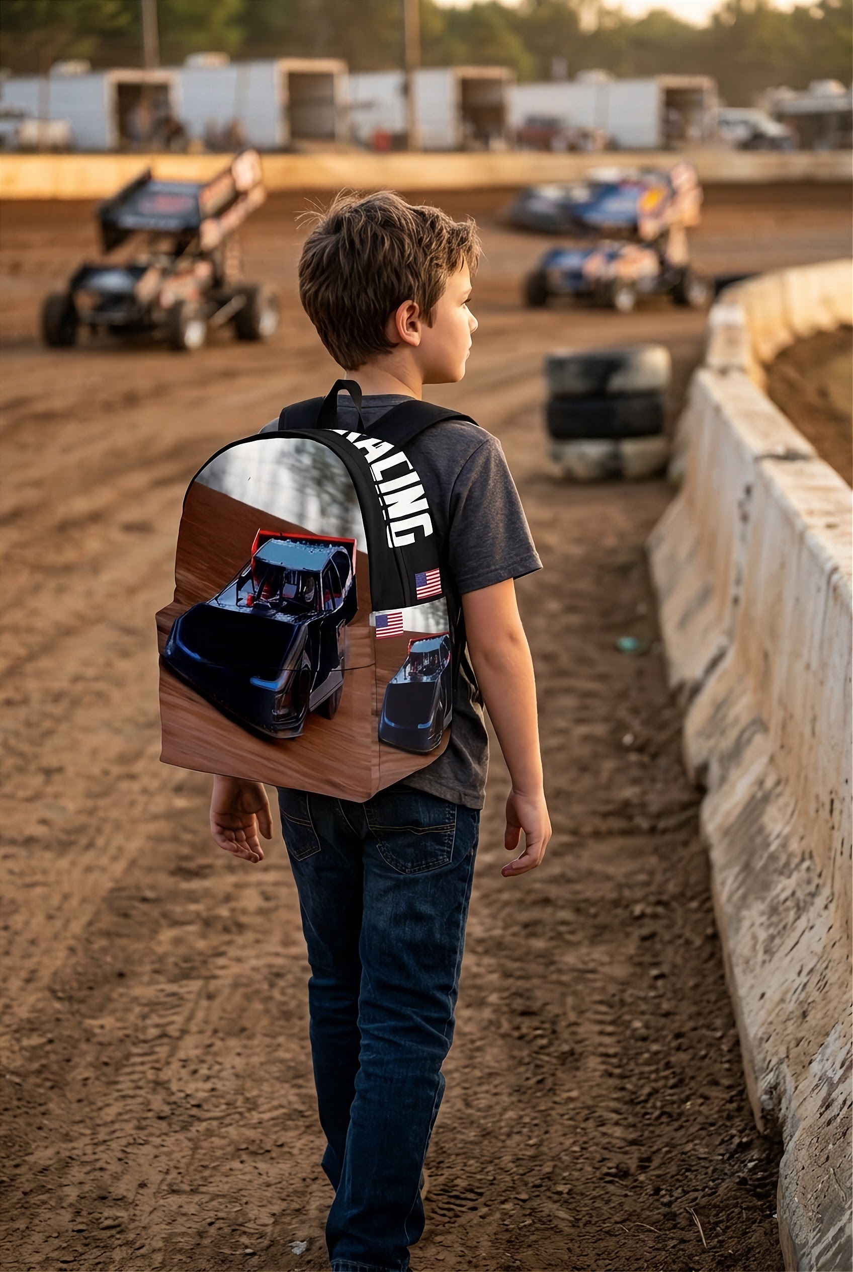 High-performance school and track backpack featuring a vibrant custom black and blue dirt late model racing car graphic, engineered with adjustable ergonomic shoulder straps and a breathable padded mesh back panel.