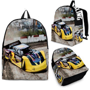 High-performance school and track backpack featuring a vibrant custom black and blue dirt late model racing car graphic, engineered with adjustable ergonomic shoulder straps and a breathable padded mesh back panel.