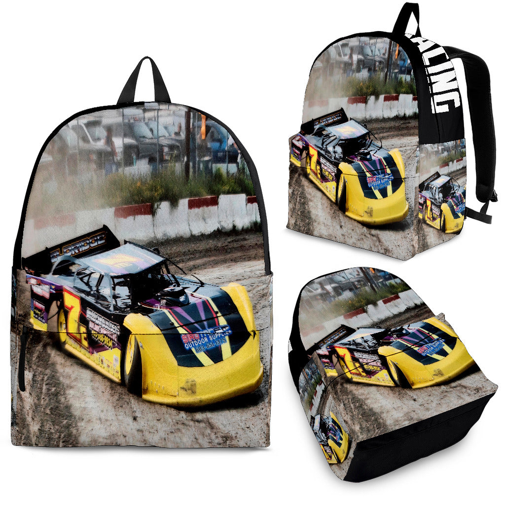 High-performance school and track backpack featuring a vibrant custom black and blue dirt late model racing car graphic, engineered with adjustable ergonomic shoulder straps and a breathable padded mesh back panel.