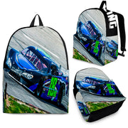 High-performance school and track backpack featuring a vibrant custom black and blue dirt late model racing car graphic, engineered with adjustable ergonomic shoulder straps and a breathable padded mesh back panel.