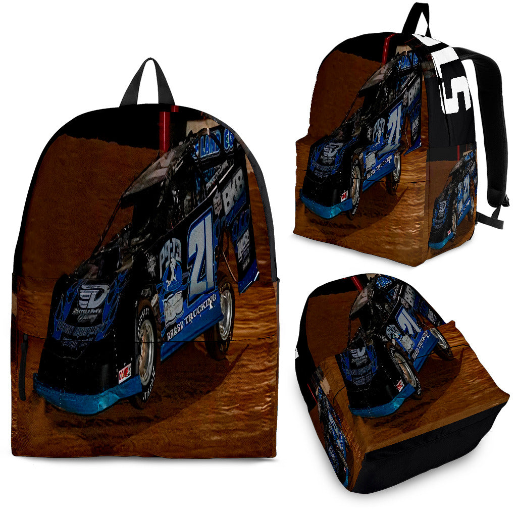 High-performance school and track backpack featuring a vibrant custom black and blue dirt late model racing car graphic, engineered with adjustable ergonomic shoulder straps and a breathable padded mesh back panel.