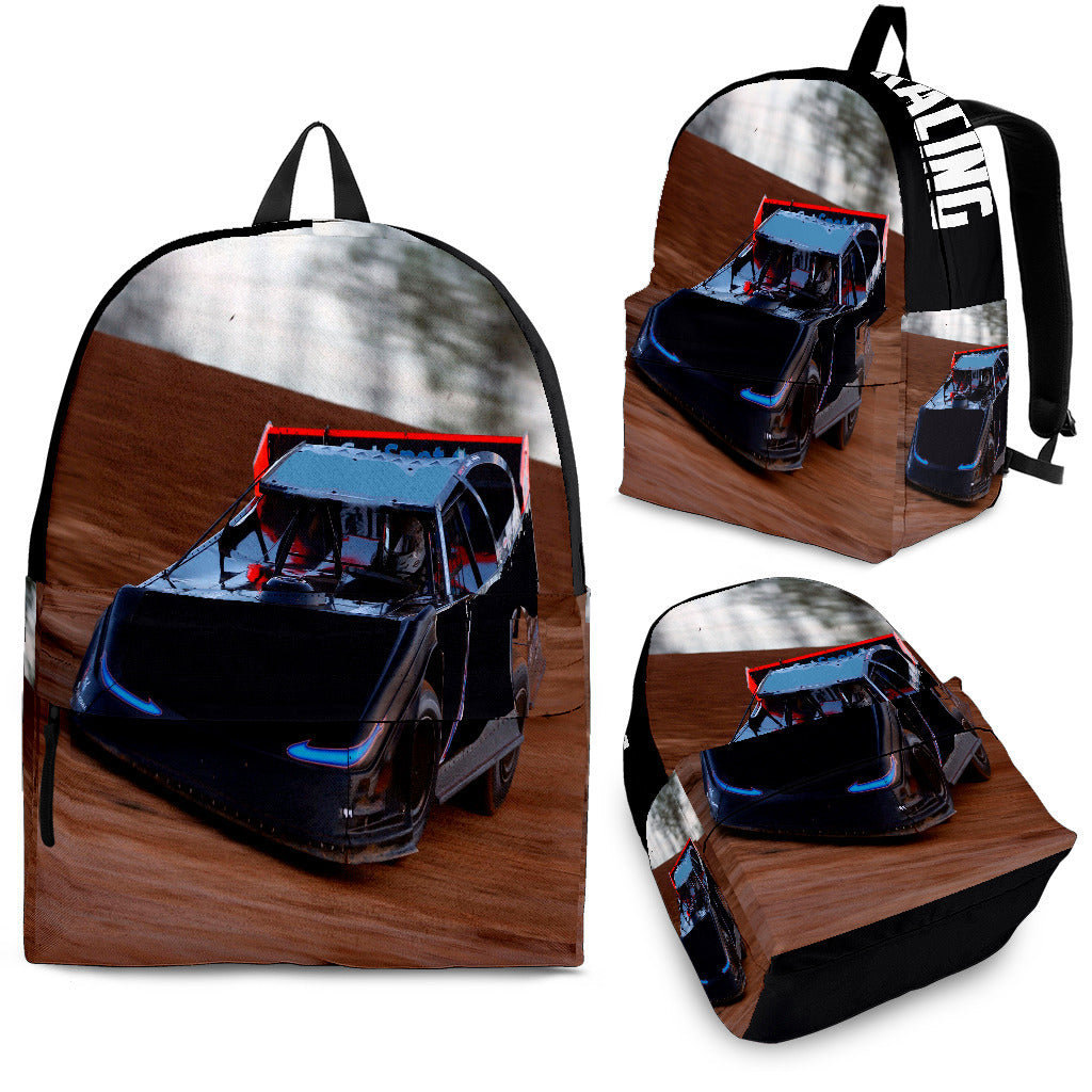 High-performance school and track backpack featuring a vibrant custom black and blue dirt late model racing car graphic, engineered with adjustable ergonomic shoulder straps and a breathable padded mesh back panel.
