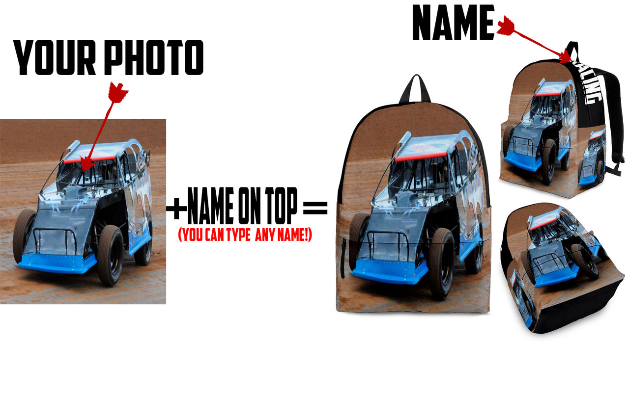 High-performance school and track backpack featuring a vibrant custom dirt modified racing car graphic, engineered with adjustable ergonomic shoulder straps and a breathable padded mesh back panel.