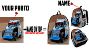 High-performance school and track backpack featuring a vibrant custom dirt modified racing car graphic, engineered with adjustable ergonomic shoulder straps and a breathable padded mesh back panel.