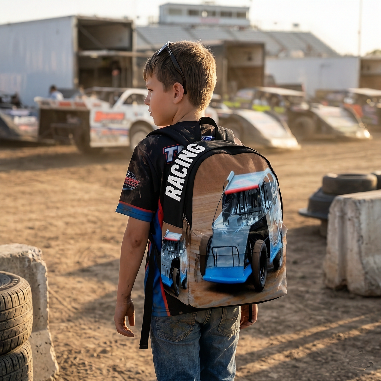 High-performance school and track backpack featuring a vibrant custom dirt modified racing car graphic, engineered with adjustable ergonomic shoulder straps and a breathable padded mesh back panel.