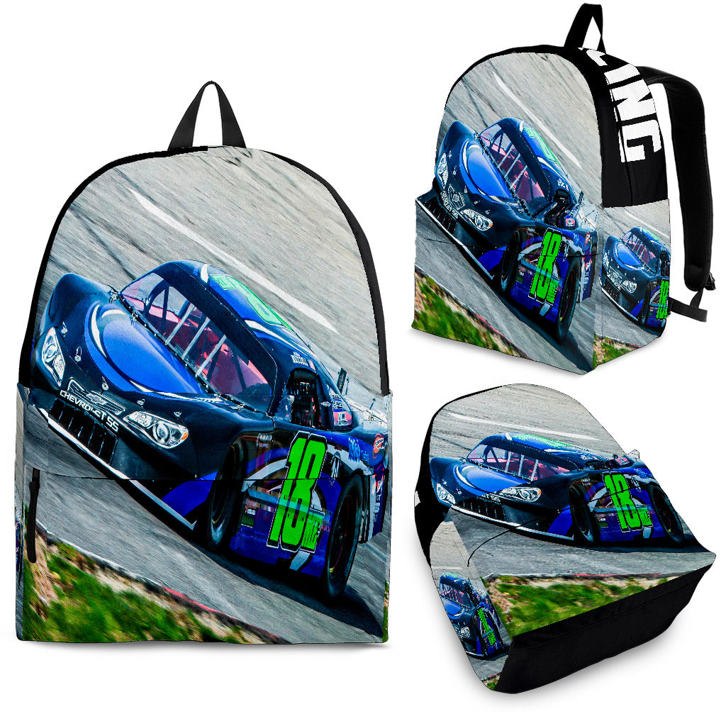 High-performance school and track backpack featuring a vibrant custom dirt modified racing car graphic, engineered with adjustable ergonomic shoulder straps and a breathable padded mesh back panel.