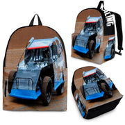 High-performance school and track backpack featuring a vibrant custom dirt modified racing car graphic, engineered with adjustable ergonomic shoulder straps and a breathable padded mesh back panel.