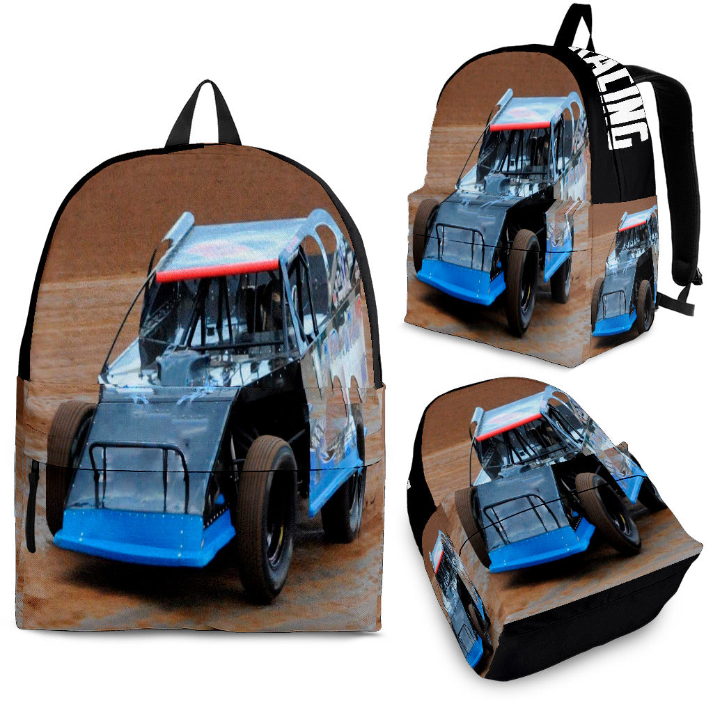 High-performance school and track backpack featuring a vibrant custom dirt modified racing car graphic, engineered with adjustable ergonomic shoulder straps and a breathable padded mesh back panel.