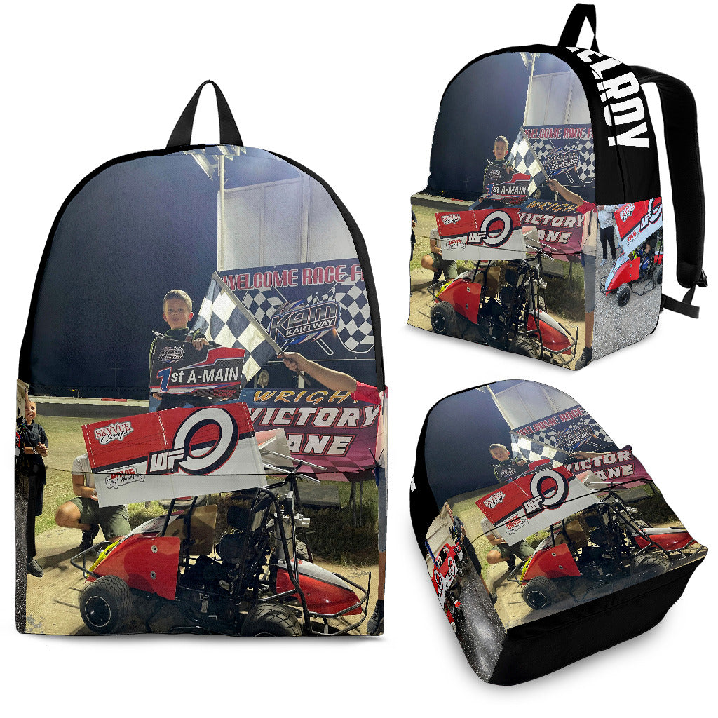 High-performance school and track backpack featuring a vibrant custom dirt modified racing car graphic, engineered with adjustable ergonomic shoulder straps and a breathable padded mesh back panel.