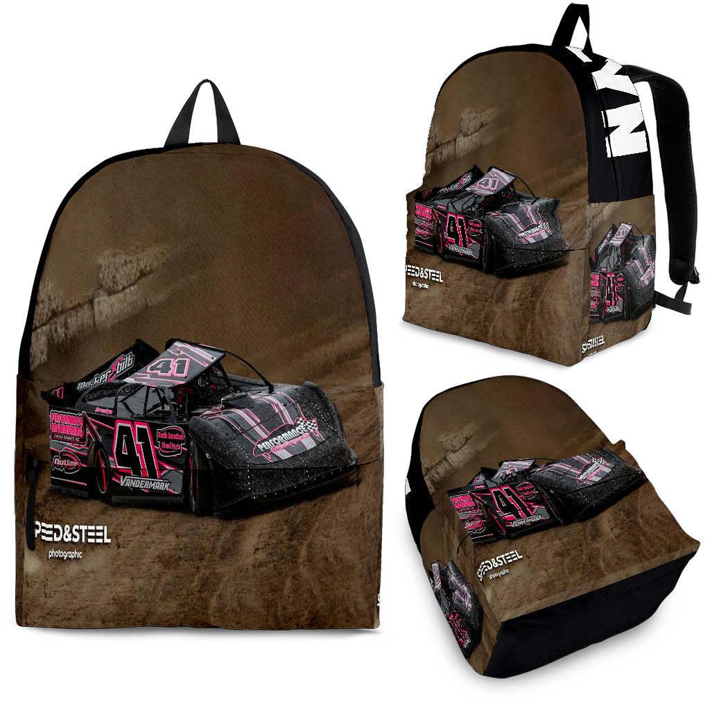 High-performance school and track backpack featuring a vibrant custom dirt modified racing car graphic, engineered with adjustable ergonomic shoulder straps and a breathable padded mesh back panel.