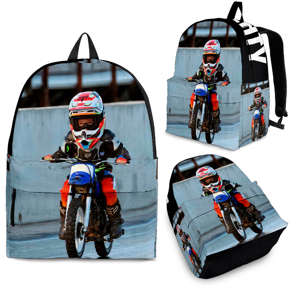 High-performance school and track backpack featuring a vibrant custom dirt modified racing car graphic, engineered with adjustable ergonomic shoulder straps and a breathable padded mesh back panel.