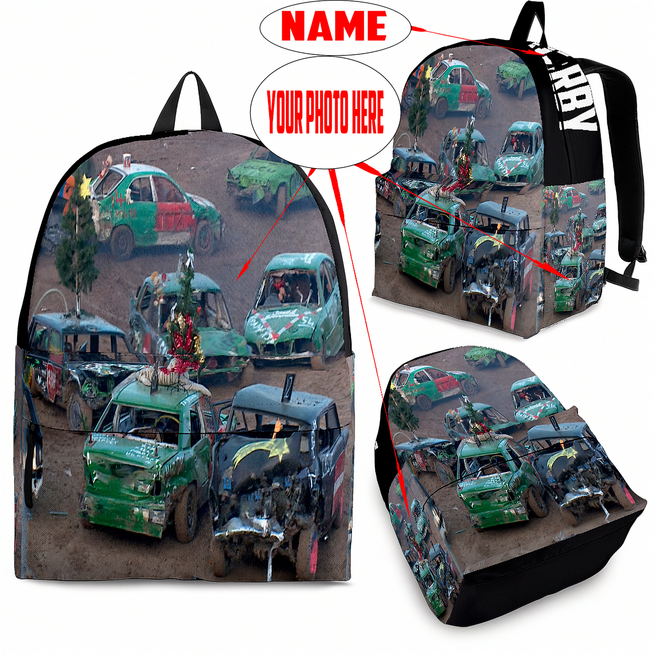 High-performance trackside backpack featuring a bold custom demolition derby crash car design, engineered with ergonomic adjustable shoulder straps, a breathable padded mesh rear panel, and deep utility pockets.