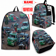 High-performance trackside backpack featuring a bold custom demolition derby crash car design, engineered with ergonomic adjustable shoulder straps, a breathable padded mesh rear panel, and deep utility pockets.