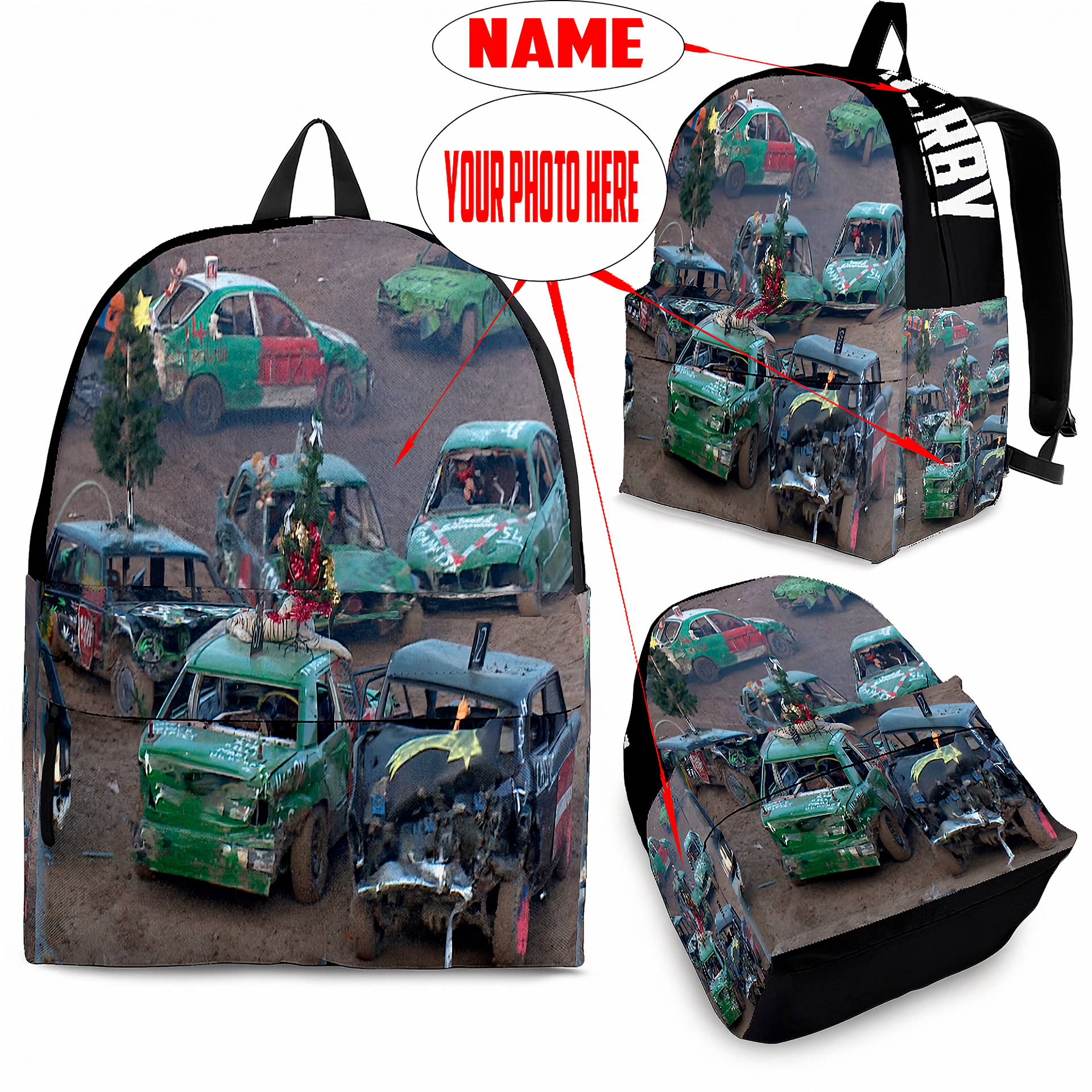 High-performance trackside backpack featuring a bold custom demolition derby crash car design, engineered with ergonomic adjustable shoulder straps, a breathable padded mesh rear panel, and deep utility pockets.