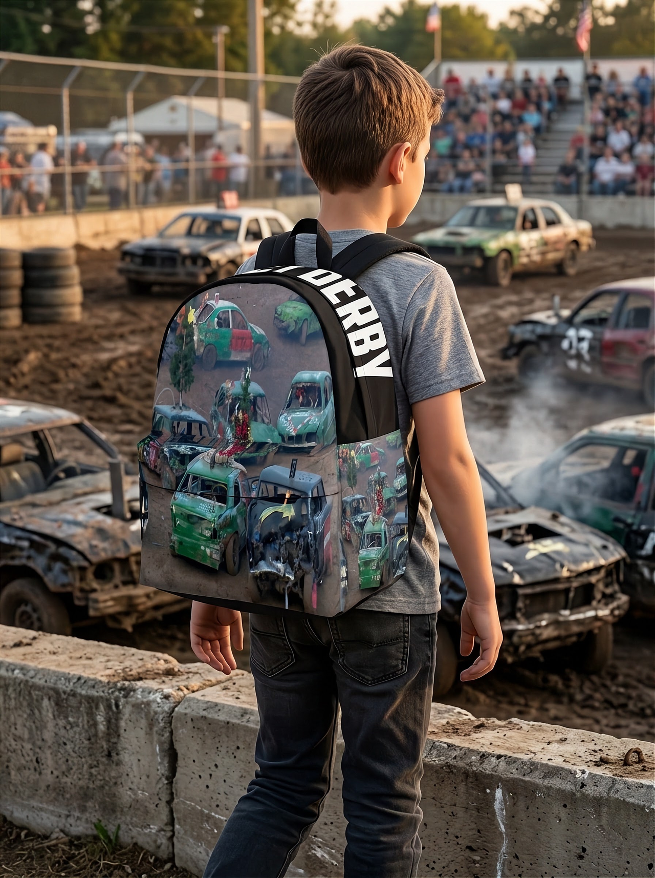 High-performance trackside backpack featuring a bold custom demolition derby crash car design, engineered with ergonomic adjustable shoulder straps, a breathable padded mesh rear panel, and deep utility pockets.