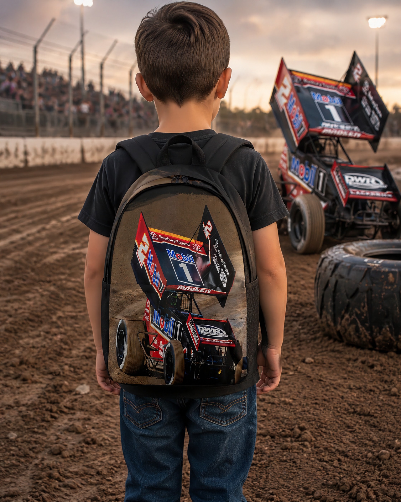 High-performance trackside backpack featuring a bold custom sprint car racing design, engineered with ergonomic adjustable shoulder straps, a breathable padded mesh rear panel, and deep utility pockets.
