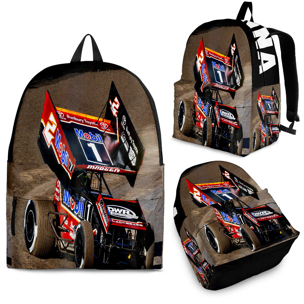 High-performance trackside backpack featuring a bold custom sprint car racing design, engineered with ergonomic adjustable shoulder straps, a breathable padded mesh rear panel, and deep utility pockets.