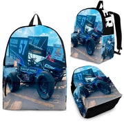 High-performance trackside backpack featuring a bold custom sprint car racing design, engineered with ergonomic adjustable shoulder straps, a breathable padded mesh rear panel, and deep utility pockets.