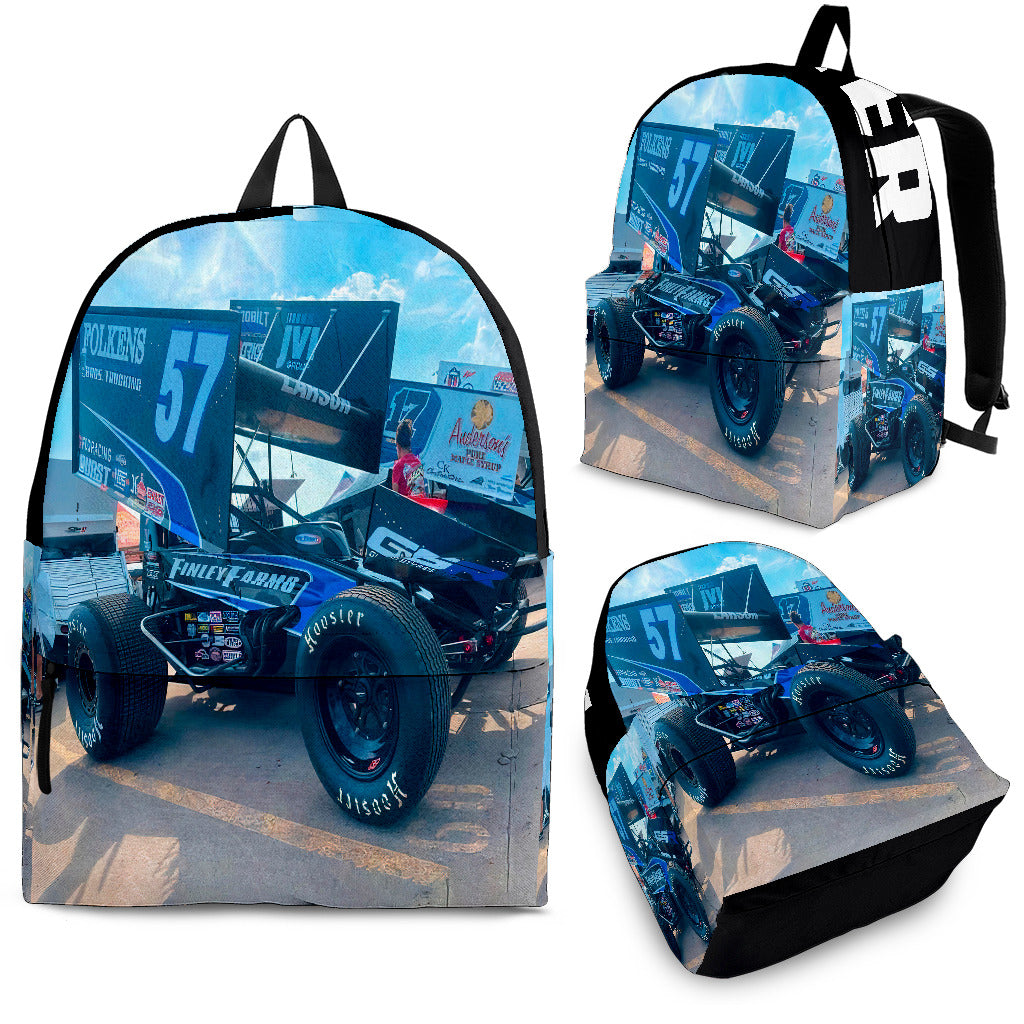 High-performance trackside backpack featuring a bold custom sprint car racing design, engineered with ergonomic adjustable shoulder straps, a breathable padded mesh rear panel, and deep utility pockets.