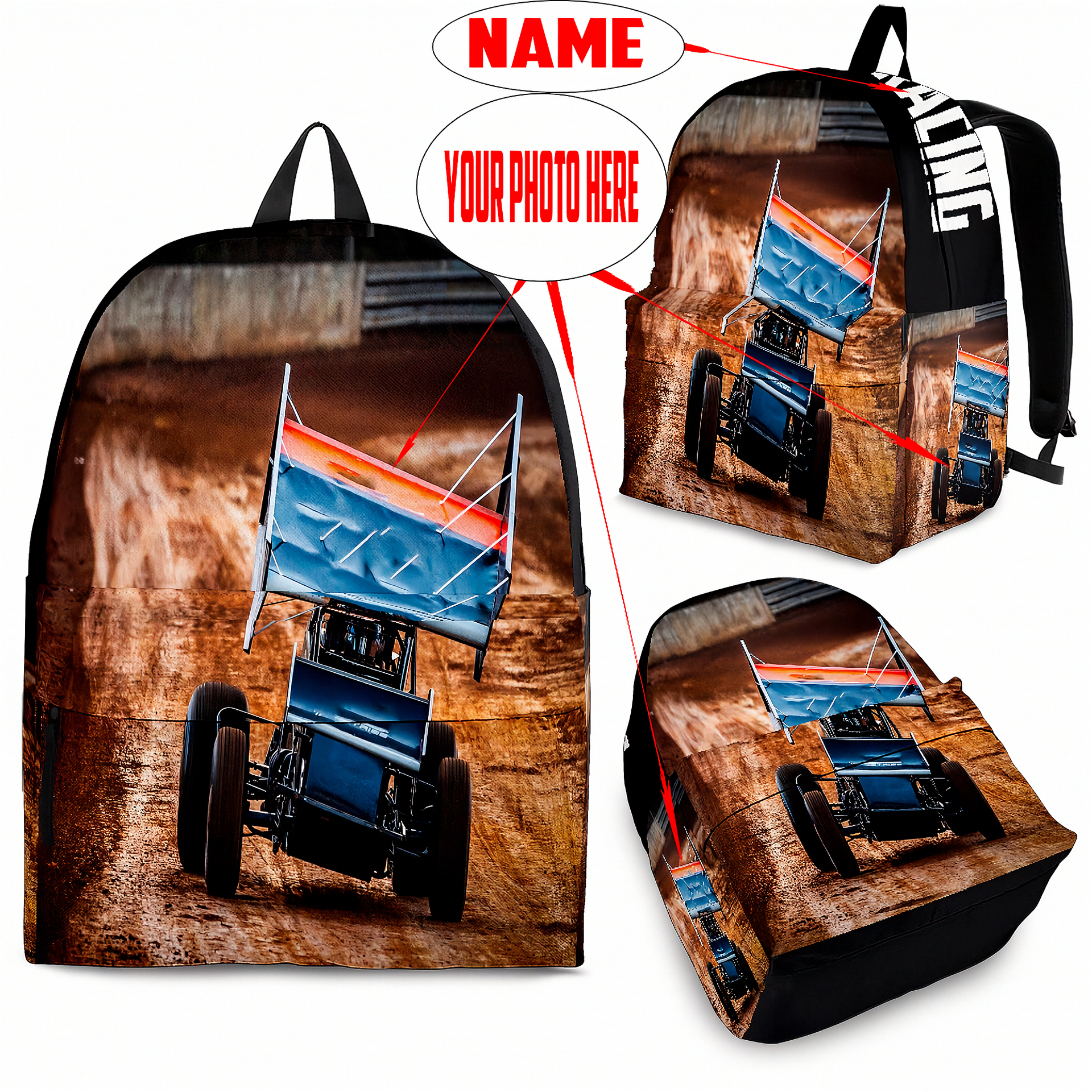 High-performance trackside backpack featuring a bold custom sprint car racing design, engineered with ergonomic adjustable shoulder straps, a breathable padded mesh rear panel, and deep utility pockets.1