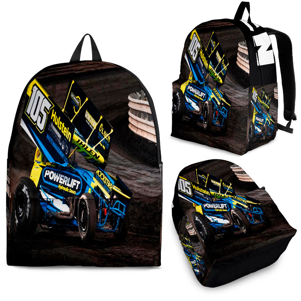 High-performance trackside backpack featuring a bold custom sprint car racing design, engineered with ergonomic adjustable shoulder straps, a breathable padded mesh rear panel, and deep utility pockets.