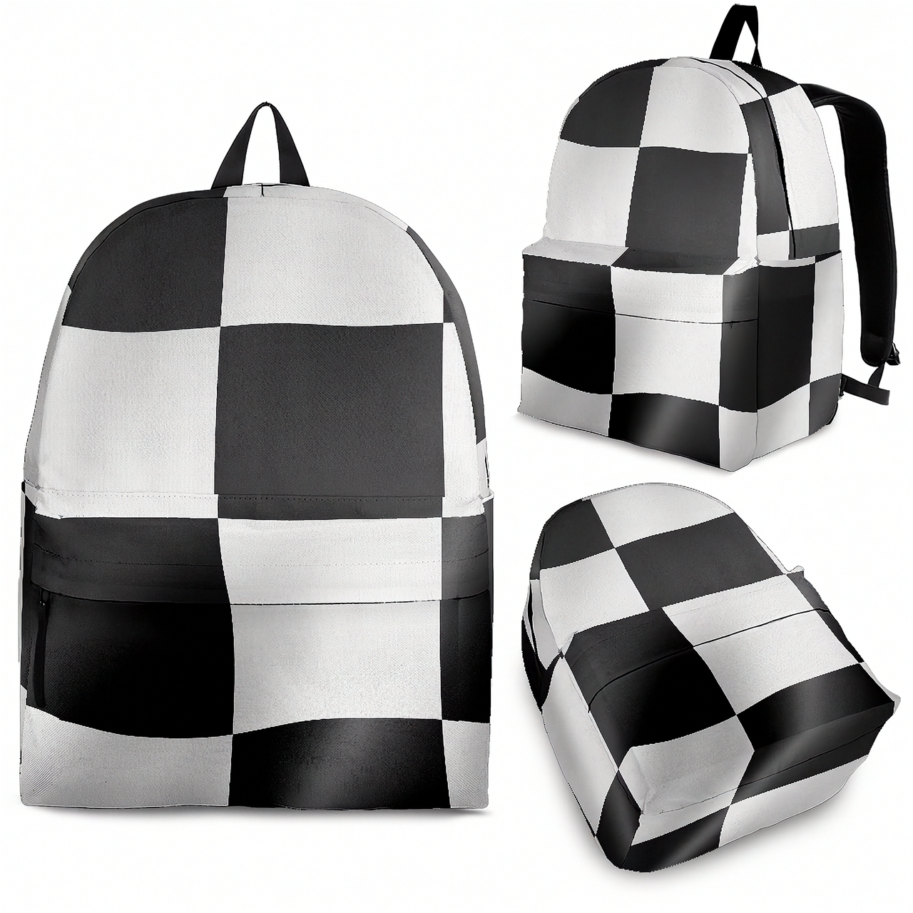 High-performance trackside backpack featuring a classic black and white racing checkerboard pattern, engineered with ergonomic adjustable shoulder straps and a breathable padded mesh rear panel.