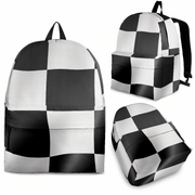 High-performance trackside backpack featuring a classic black and white racing checkerboard pattern, engineered with ergonomic adjustable shoulder straps and a breathable padded mesh rear panel.