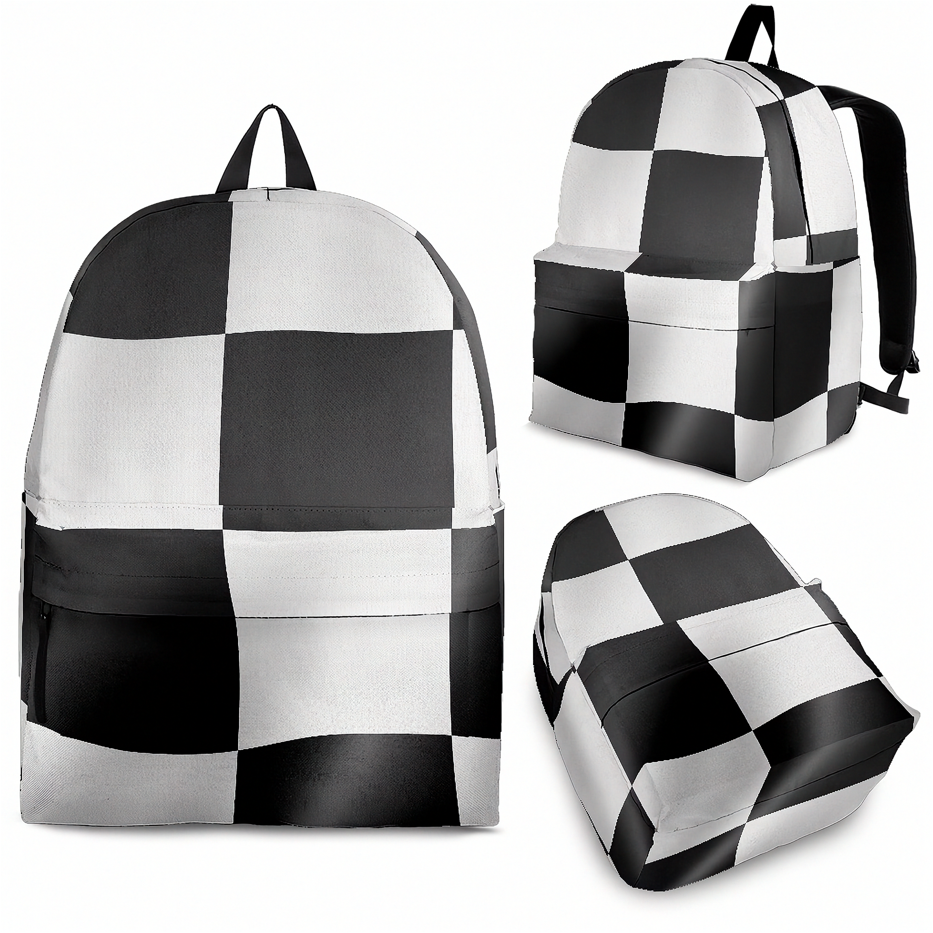 High-performance trackside backpack featuring a classic black and white racing checkerboard pattern, engineered with ergonomic adjustable shoulder straps and a breathable padded mesh rear panel.