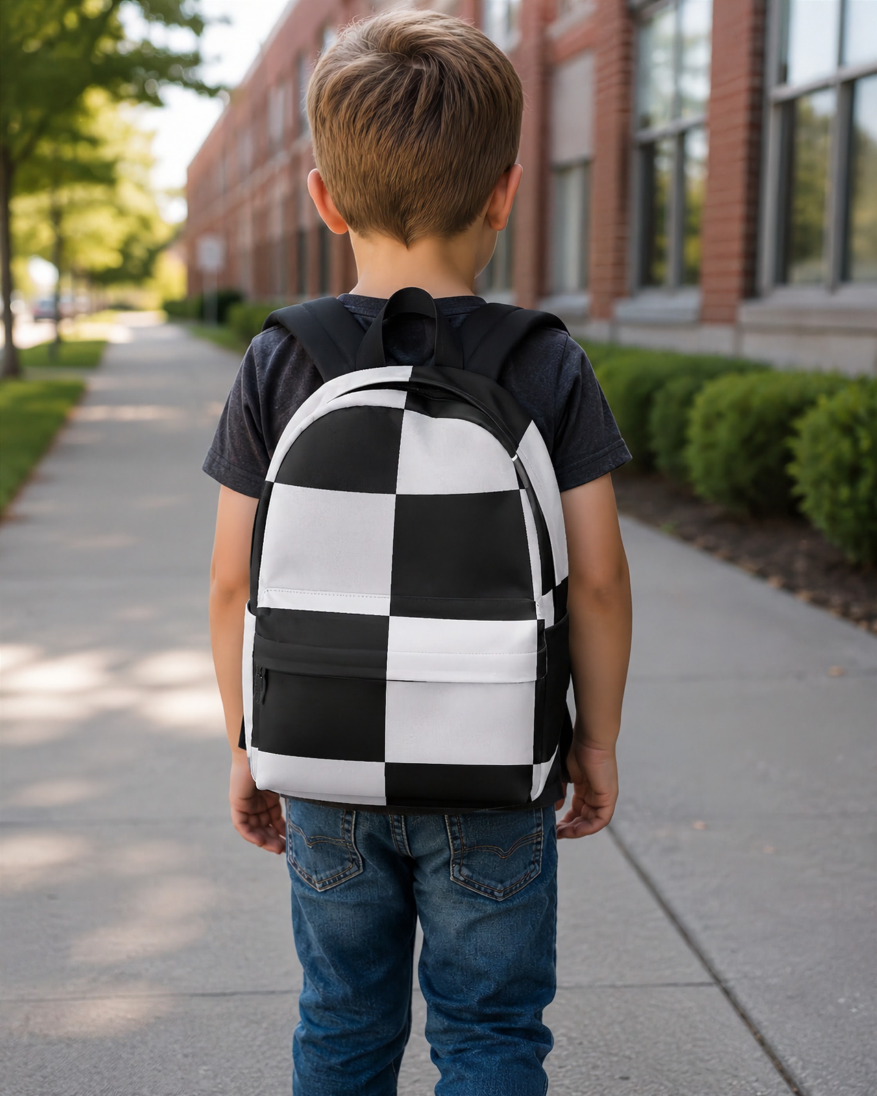 High-performance trackside backpack featuring a classic black and white racing checkerboard pattern, engineered with ergonomic adjustable shoulder straps and a breathable padded mesh rear panel.