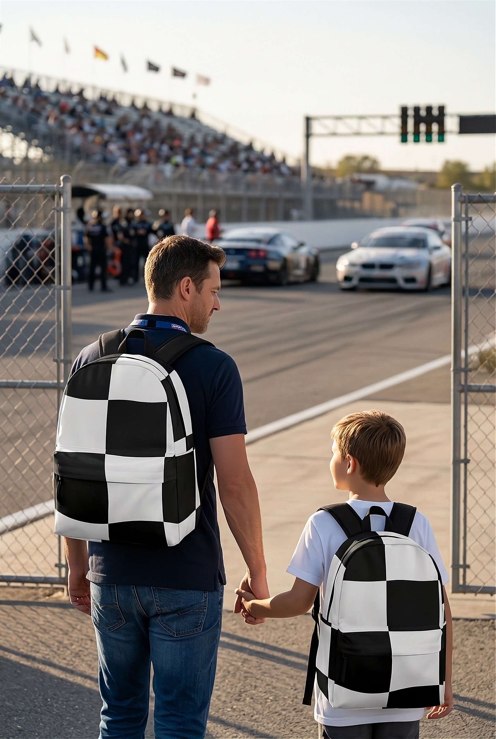 High-performance trackside backpack featuring a classic black and white racing checkerboard pattern, engineered with ergonomic adjustable shoulder straps and a breathable padded mesh rear panel.