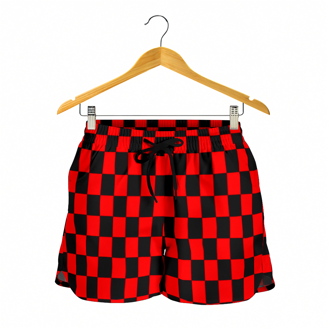 High-performance women's athletic shorts featuring a bold red and black checkered pattern, designed with an elastic drawstring waist and functional side pockets.