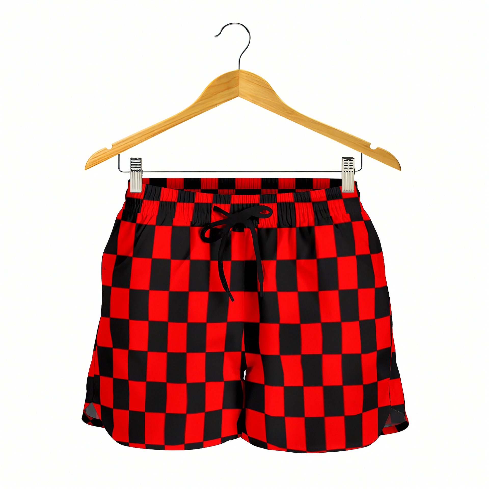 High-performance women's athletic shorts featuring a bold red and black checkered pattern, designed with an elastic drawstring waist and functional side pockets.