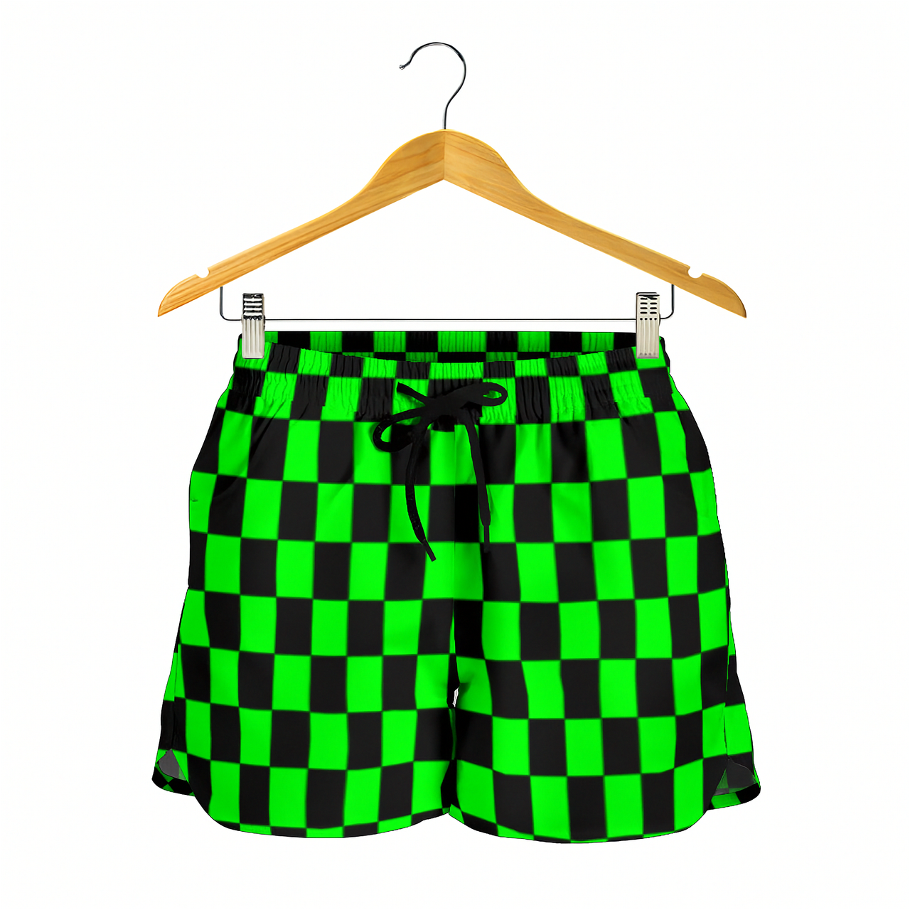 High-performance women's athletic shorts featuring a unique pistachio green and black checkered pattern, designed with an elastic drawstring waist and functional side pockets.