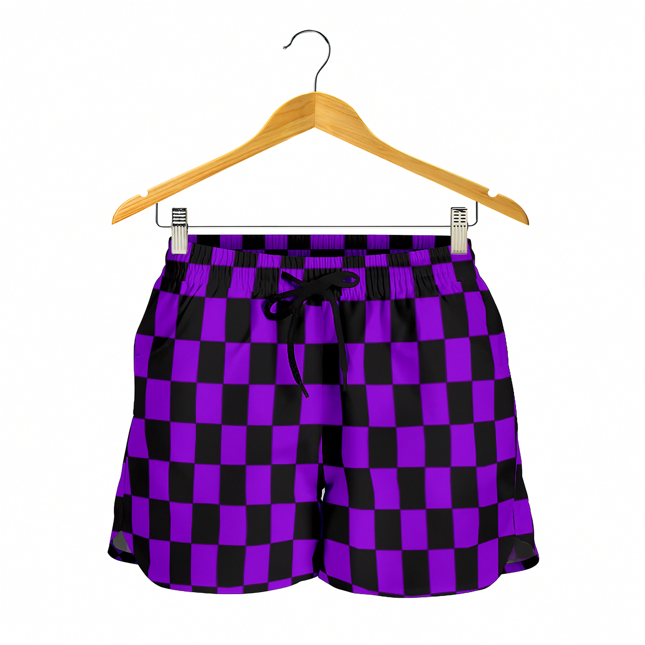 High-performance women's athletic shorts featuring a vibrant purple and black checkered pattern, designed with an elastic drawstring waist and functional side pockets.