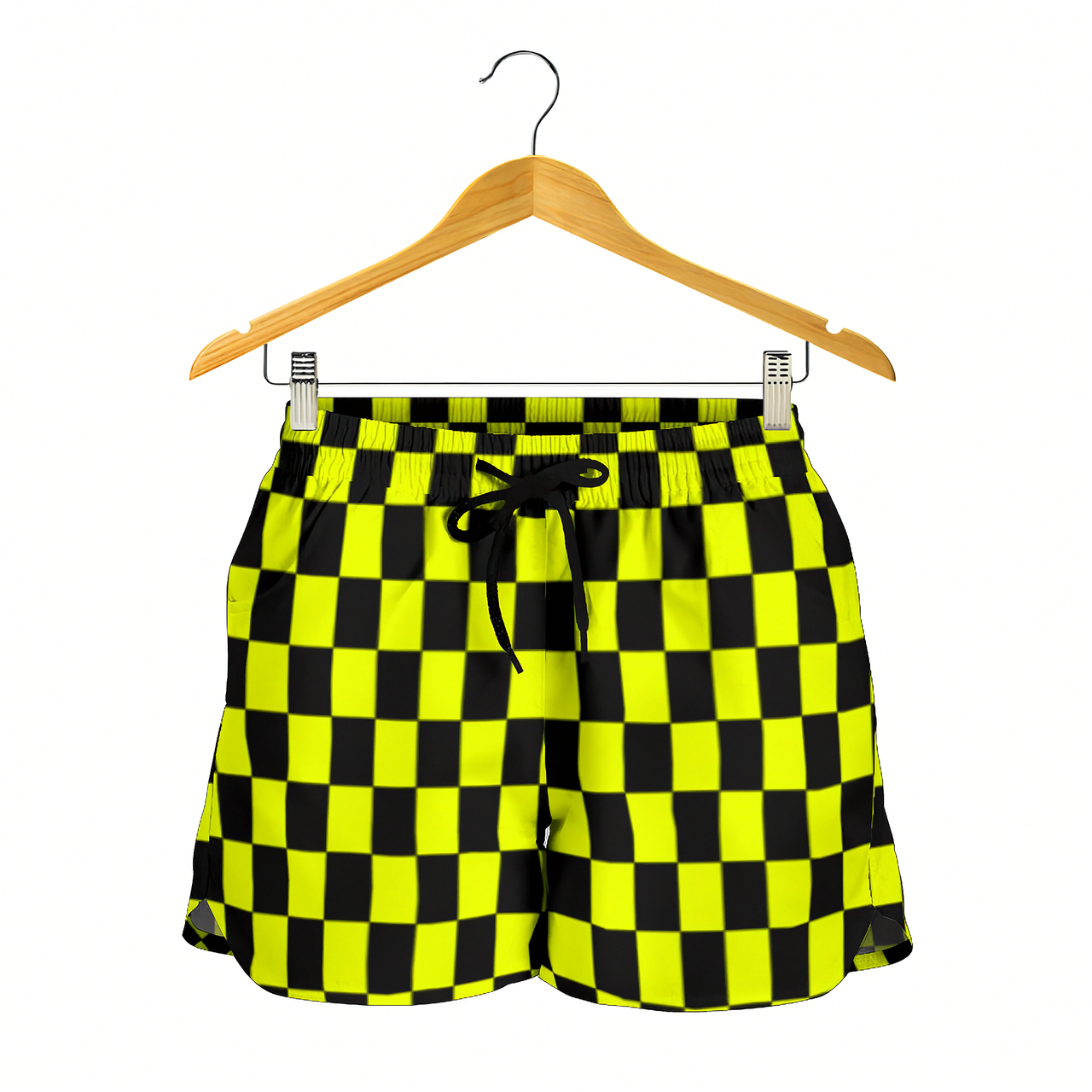 High-performance women's athletic shorts featuring a vibrant yellow and black checkered pattern, designed with an elastic drawstring waist and functional side pockets.